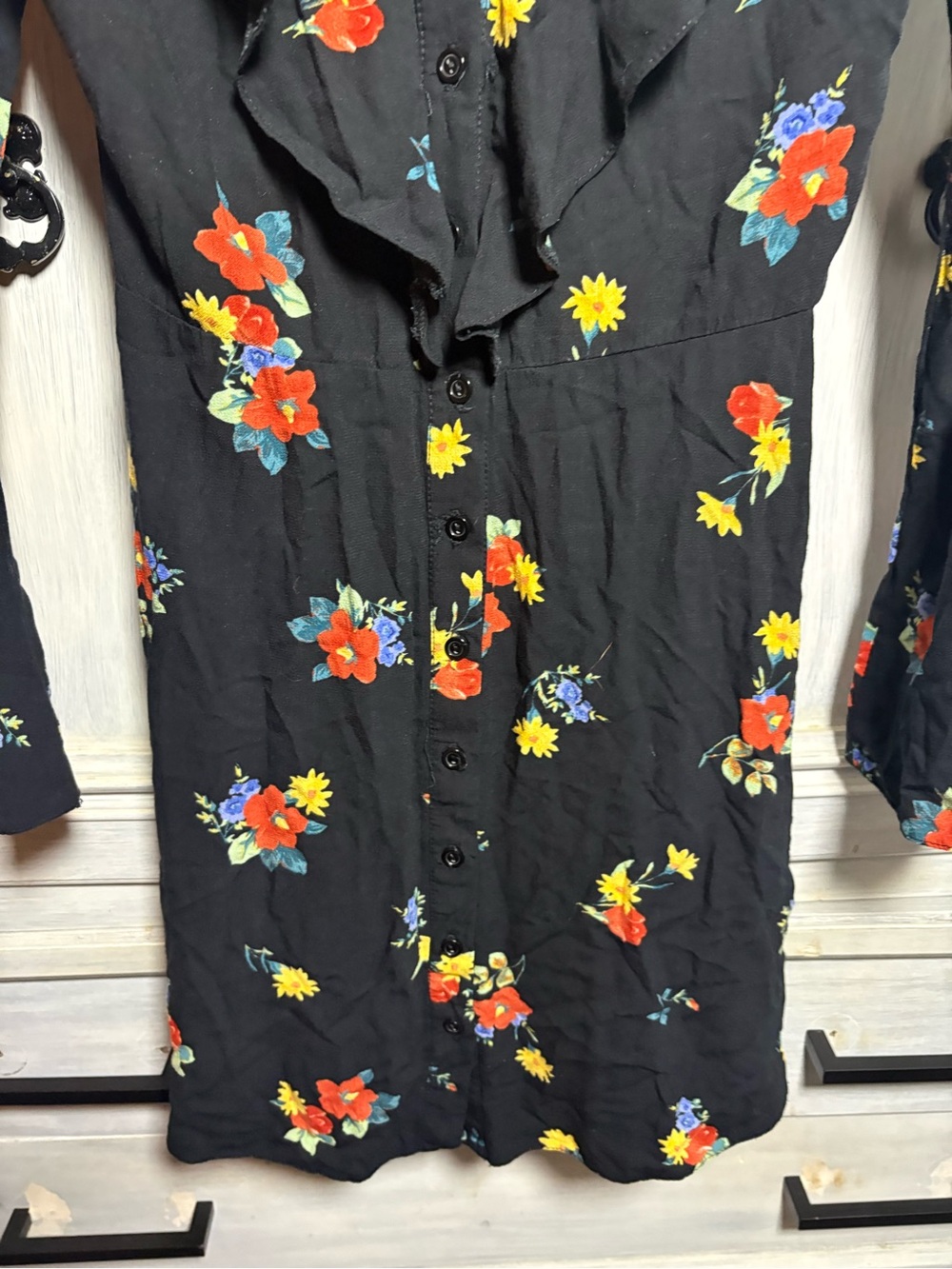 Nobody’s Child Black Floral Ruffle Button Bell Sleeve Mini Twee Cottagecore - Picture 7 of 10